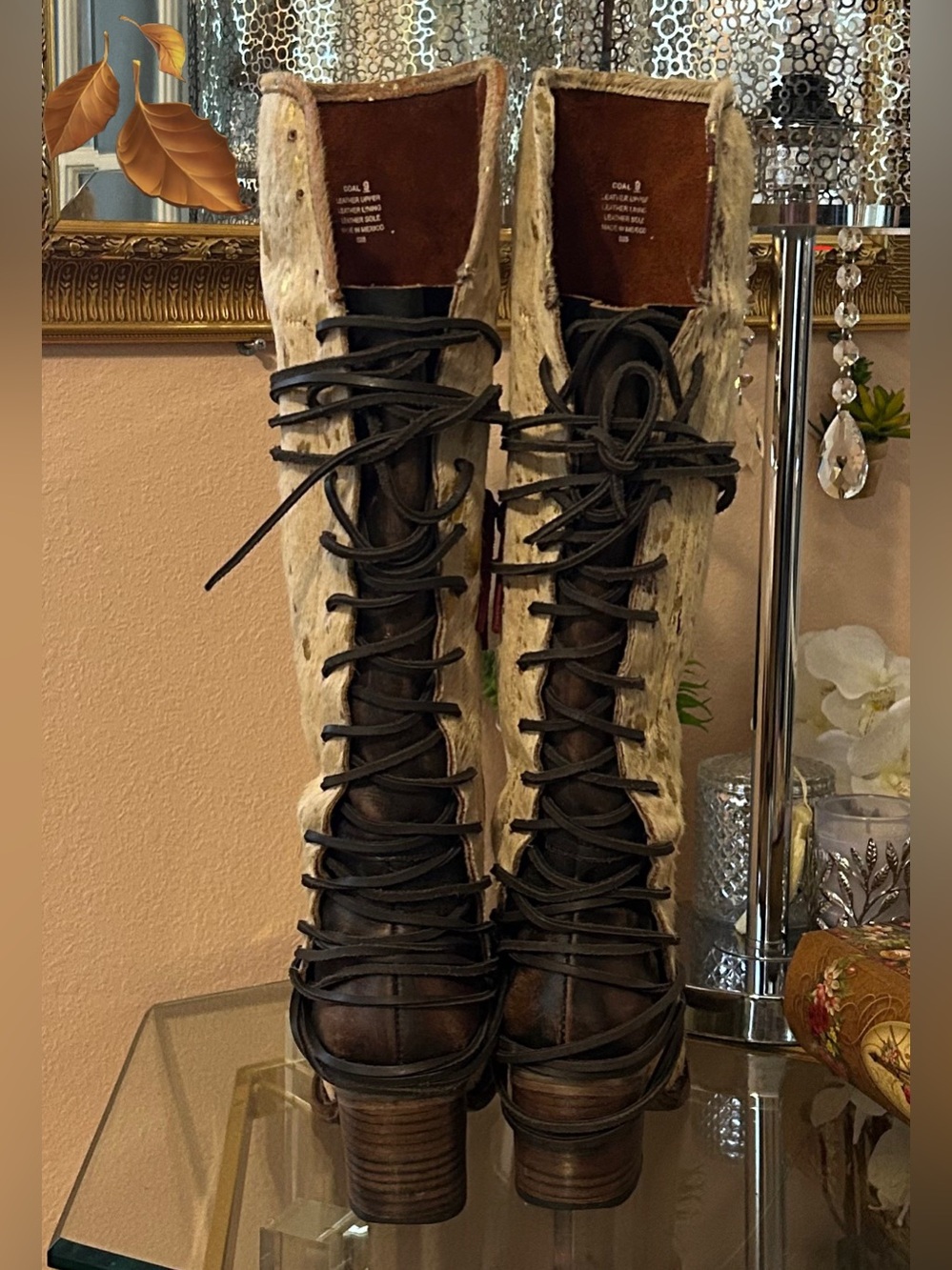 RARE Freebird Coal Calf Hide Light Cream with Gold Spots Lace-Up Leather Boot 9 - Picture 11 of 16